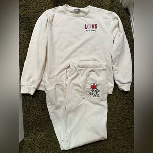 Women’s Keith Haring Fleece Crew Long Sleeve and Joggers Lounge Set Cream Large